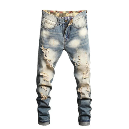 2024 New Retro Distressed Ripped Slim Jeans for Men Street Hip-hop Stretch Straight Fashion Motorcycle Denim Trousers Male PlatiNum