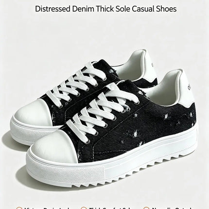 Okimoz Men Height Increasing Distressed Ripped Platform Canvas Sneakers Autumn Winter Low Top Lace Up Casual Campus Daily Skate