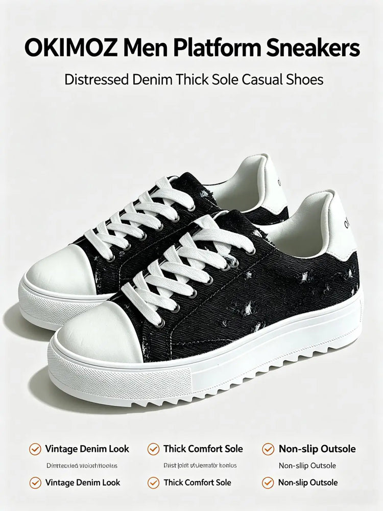 Okimoz Men Height Increasing Distressed Ripped Platform Canvas Sneakers Autumn Winter Low Top Lace Up Casual Campus Daily Skate