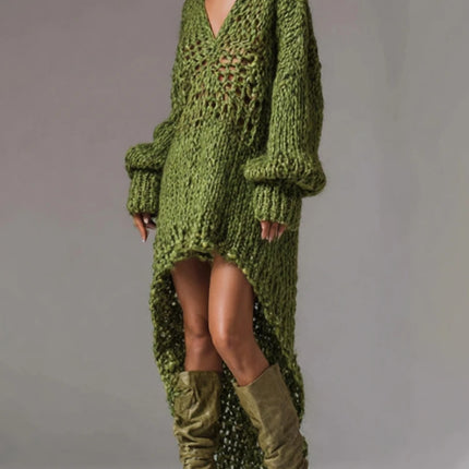 Ribbed knit dress with V-neck, deep neckline, loose fit, mini skirt with asymmetrical hem, street style, sexy, fashionable, party dresses for women