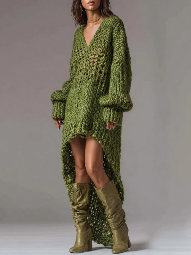 Rib-knit dress with V-neck, deep neckline, loose fit, mini skirt with hem