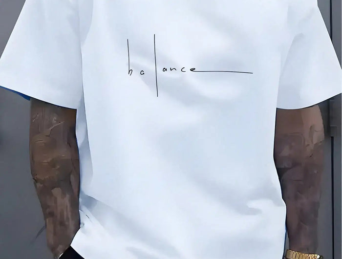 Men's Fashion Balance Letter Pattern Crew Neck Short Sleeve Casual T-Shirt PlatiNum