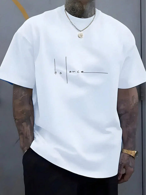 Men's Fashion Balance Letter Pattern Crew Neck Short Sleeve Casual T-Shirt PlatiNum