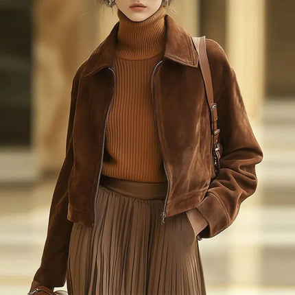 Autumn and winter short suede jacket women's vintage leather down lapel slim jacket jacket women's