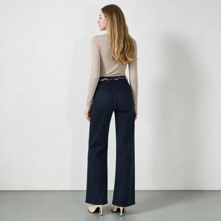 Women's Dark Blue Wide Leg Jeans, High Waist with Decorative Scarf Band, Comfortable Denim Urban Casual Style, All-Season Pants，Fx1338-7