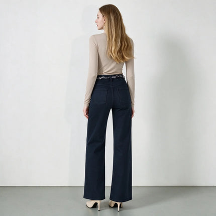 Women's Dark Blue Wide Leg Jeans, High Waist with Decorative Scarf Band, Comfortable Denim Urban Casual Style, All-Season Pants，Fx1338-7