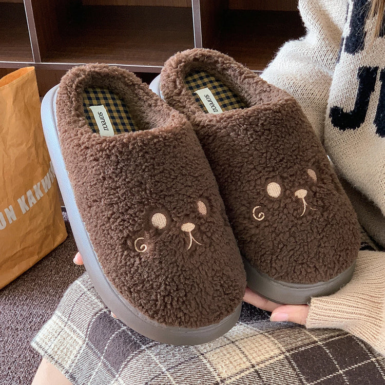Cute Cat Winter Warm Slippers Women Men Fluffy Plush Home Shoes Red Bowknot Plaid Lining Indoor Bedroom Cotton Slides Mules New