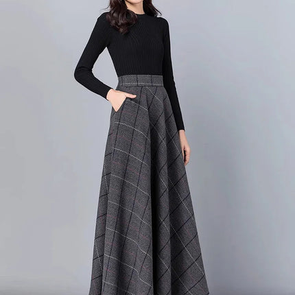 New Women Thick Woolen Skirt Autumn Winter Fashion Elastic High Waist A-Line Long Plaid Skirt Elegant Easy Match Wool Skirt PlatiNum