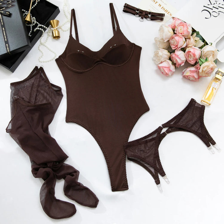 New Arrivals 4 Piece Garter Bodysuit Lingerie Sets with Stockings Women Elegant Private Intimate Hot Underwear Bra Set