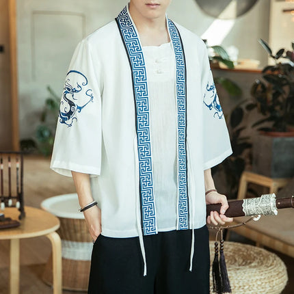 Japan Samurai Shirt uomo ricamato Kimono giapponese manica corta Cardigan uomo estate sottile moda Casual Yukata Cardigan Top uomo