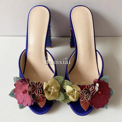 Sandali con tacco alto da donna estivi in seta blu con strass colorati e decorazioni a nodo a farfalla in cristallo per ragazze