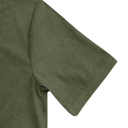 Men's European and American Summer Corduroy Solid Color Slim Casual V-Neck T-Shirt Amazon