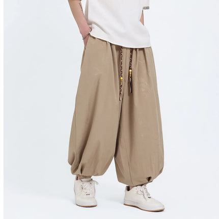 Pantaloni Estivi da Uomo Stile Cinese in Seta Ghiaccio con Motivo Drago Ukiyo-e, Comodi e Trendy, Pantaloni Casual Oversize da Uomo