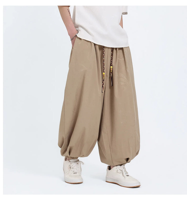 Pantaloni Estivi da Uomo Stile Cinese in Seta Ghiaccio con Motivo Drago Ukiyo-e, Comodi e Trendy, Pantaloni Casual Oversize da Uomo