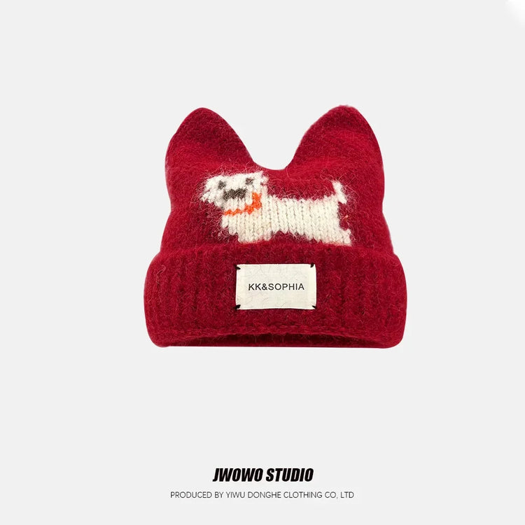 Cute Cartoon Kitten Ear Woolen Cap for Women Warm Cold-proof Autumn Winter Puppy Pattern Knitted Hat Fashion Sweet Crochet hats