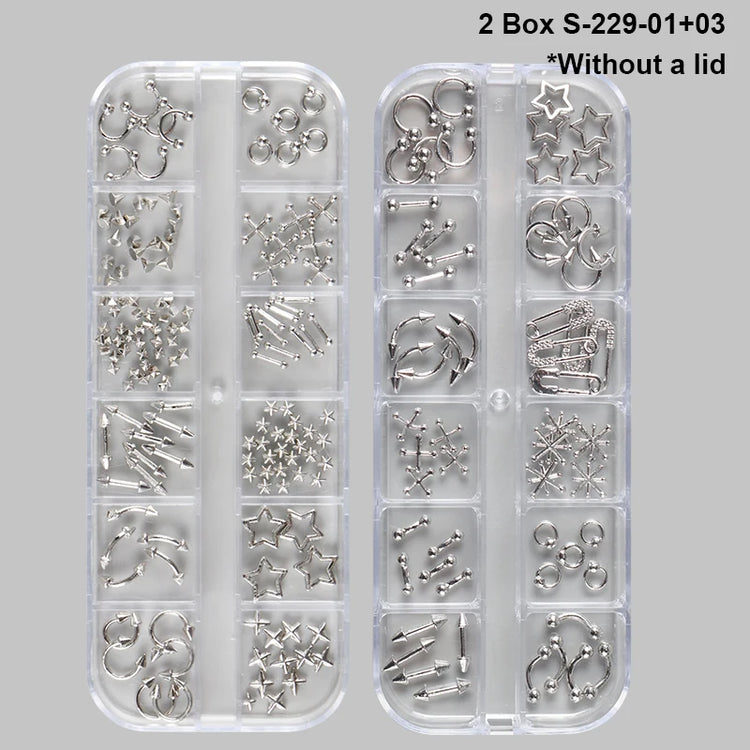 12 Grids Goth Punk Nail Charms Studs Y2K Piercing Designs Metallic Silvery Nails Art Rivets 3D Stars Alloy Nail Art Decorations