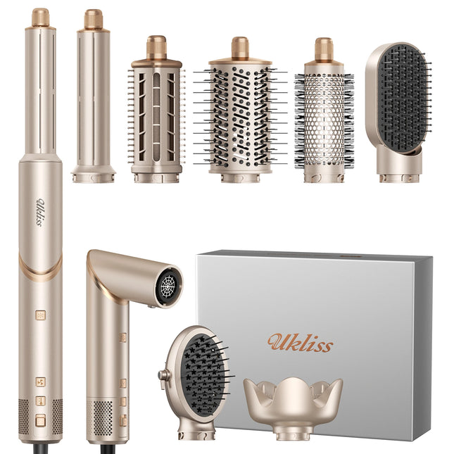UKLISS 643 Champagne Color 8-in-1 Hot Air Styler Set, Detachable Multi Functional Hair Styling Tool, Hair Dryer, Curling Wand, Straightening Brush & Flat Iron All in One, Foldable Rotatable Auto Curler for Quick Drying, Smoot