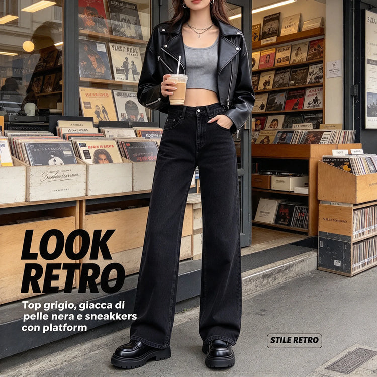 Minimalist black high-waisted straight-leg women’s jeans, in a relaxed-fit black denim with an elegant, casual style, perfect for a casual office look and versatile everyday wear FX-1338-1