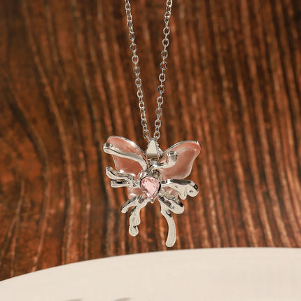 Y2K Sweet Cool Liquid Pink Butterfly Pendant Necklace Female Pink Zircon Water Drop Versatile Necklace Summer New Jewelry PlatiNum