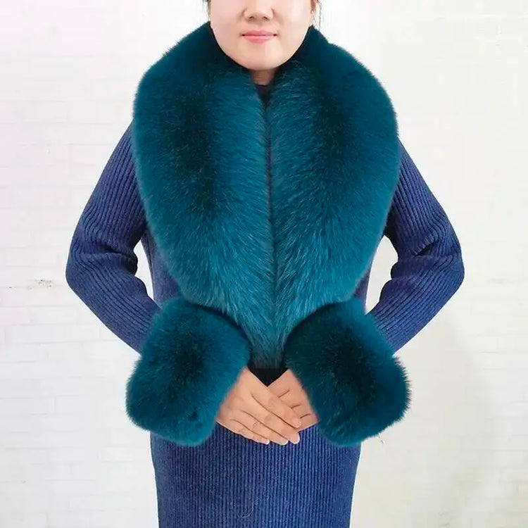 Real Fur Collar And Cuffs Set Winter Coat Accessories Women Fluffy Large Fur Shawl Neak Warm Fox Fur Scarf Furry Scarves Female