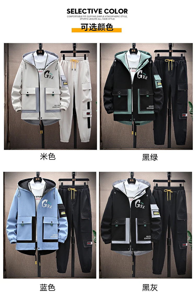 Spring Casual Men Sets Two Pieces Fashion Korean Trend Hooded Jacket + Pants Autumn Baseball Uniform Suit Man Outfit