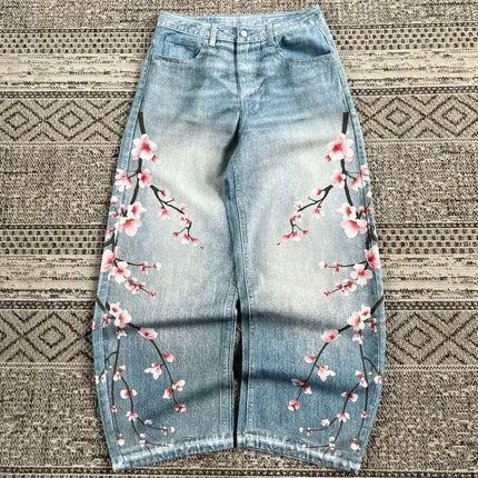 Jeans Oversize Y2K con Stampa Geometrica e Fiori di Ciliegio, Stile Harajuku, Pantaloni Larghi Casual da Donna