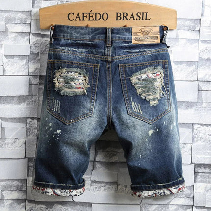 Men Ripped Short Jeans Summer Cotton Knee Length Shorts Breathable Vintage Denim Pants Painted Graffiti Streetwear Cargo Jeans PlatiNum