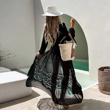 Copricostume Kimono da spiaggia per costumi da bagno donna Patchwork di pizzo bianco nero Chiffon eleganti abiti avvolgenti con cintura 2023 costumi da bagno platinumshop