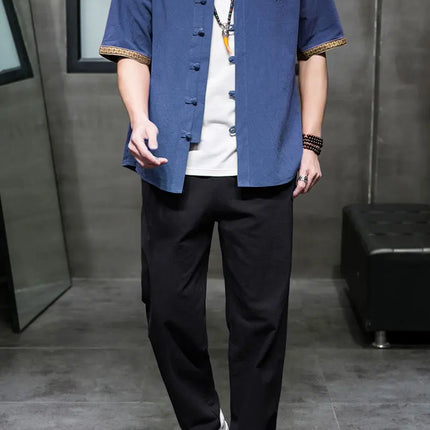 Camicie da Uomo Ricamate in Stile Cinese Retrò, Traspiranti in Lino, Comode, Casual Kung Fu, Abito Tang con Colletto Rialzato