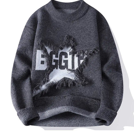 Edgy Star Fringe Knit Sweater – Distressed Lettering Crewneck for Men