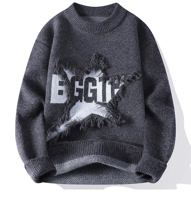 Edgy Star Fringe Knit Sweater – Distressed Lettering Crewneck for Men