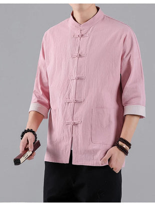 Camicie in Stile Cinese per Uomo, Top Tradizionale Tang in Lino a Mezza Manica, Camicia Kung Fu Hanfu Vintage Casual, Taglie Grandi fino a 5XL