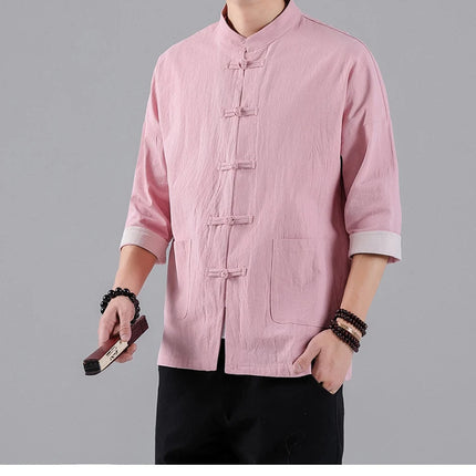 Camicie in Stile Cinese per Uomo, Top Tradizionale Tang in Lino a Mezza Manica, Camicia Kung Fu Hanfu Vintage Casual, Taglie Grandi fino a 5XL