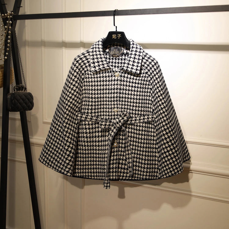 French Elegant temperament Wool Jacket Lapel Sleeveless Single-Breasted Lace-up Bow Casual Short Capes Women Autumn Cloak Coat