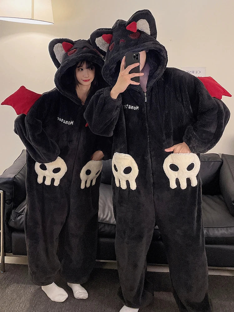 DAIMELU hooded male pajamas set men's cartoon winter thickened coral fleece flannel boy one-piece loungewear suit sleepwear