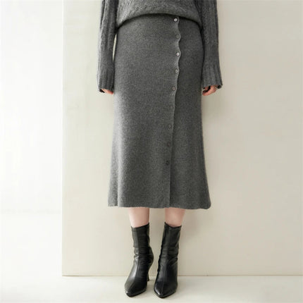 Women 100% Cashmere Skirts Office Lady Autumn Winter Knitted High Waist A-Skirt Graceful Long Warm front-open skirt with buttons PlatiNum