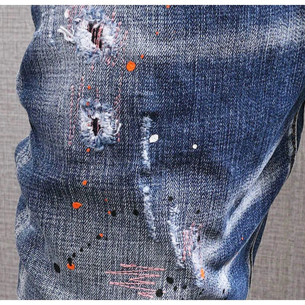 Fashion Streetwear Men Jeans Retro Black Blue Elastic Slim Fit Ripped Jeans Men Spliced Designer Embroidery Hip Hop Denim Pants PlatiNum