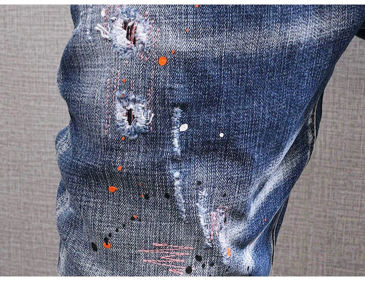 Fashion Streetwear Men Jeans Retro Black Blue Elastic Slim Fit Ripped Jeans Men Spliced Designer Embroidery Hip Hop Denim Pants PlatiNum