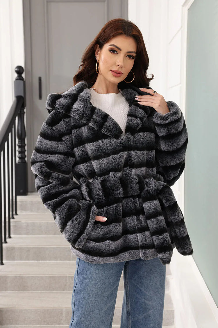 ZADORIN New Stripes Winter Fur Coats Woman Mid Long Hooded Warm Loose Faux Fur Coat For Woman Elegant Belted Fluffy Fur Jacket