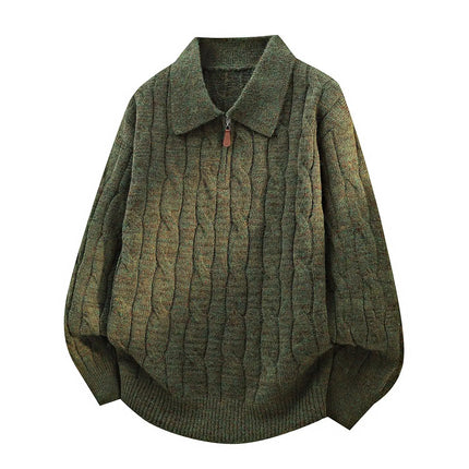 Men's  Knit Sweater Pullover Solid Color Long Sleeve Lapel zipper-Up Fall Winter Loose Warm Casual top