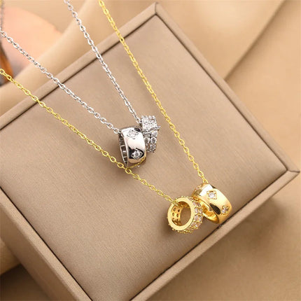 Non Tarnish Luxurious Fashion Crystal Rhombus Necklace with Ring Pendant Gold Color Jewelry for Women PlatiNum