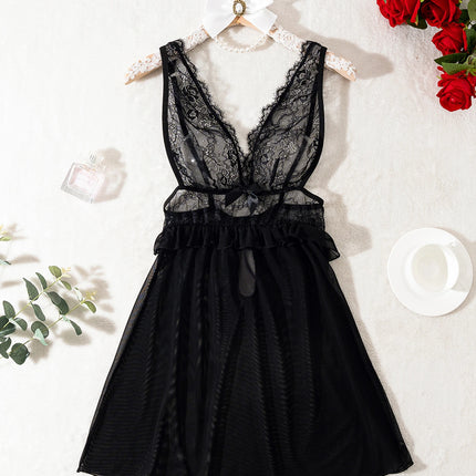 Lingerie sexy nera trasparente, camicia da notte in pizzo da donna, camicia da notte sexy senza maniche da donna con tessuto a rete, scollo a V.lingerie