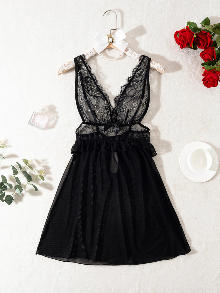 Lingerie sexy nera trasparente, camicia da notte in pizzo da donna, camicia da notte sexy senza maniche da donna con tessuto a rete, scollo a V.lingerie