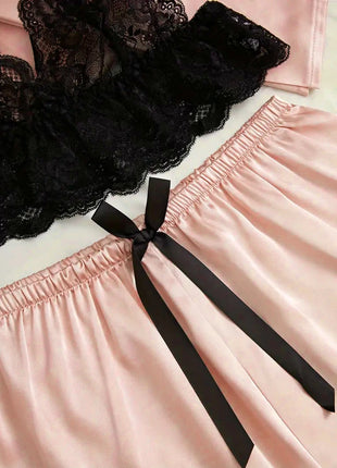 Pigiama da notte in raso da donna Set pigiama rosa Lingerie sexy Accappatoio Patchwork di pizzo Abito da notte in seta Pantaloni Indumenti da notte vestiti per la casa