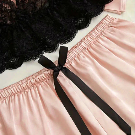 Pigiama da notte in raso da donna Set pigiama rosa Lingerie sexy Accappatoio Patchwork di pizzo Abito da notte in seta Pantaloni Indumenti da notte vestiti per la casa