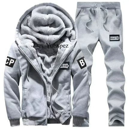 M-6XL Men's Winter 2 Piece Tracksuit Set, Thickened Warm Hooded Coat & Sweater, Outdoor Hiking Cycling Camping Running Outerwear