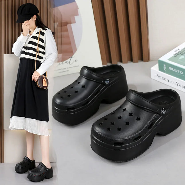 Women's High Heel Sandals 9CM, New Summer Slippers 2024, Beach and Garden Shoes with Soft Sole, Waterproof, Perforated Outdoor Women's Shoes