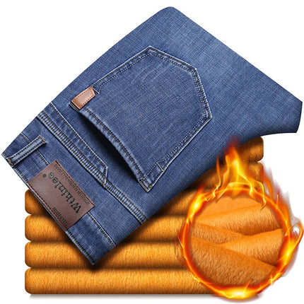 Winter Fleece Warm Straight Stretch Thermal Warm Flannel Work Denim Trousers Male Brand Clothing Men's Business Fashion Jeans
