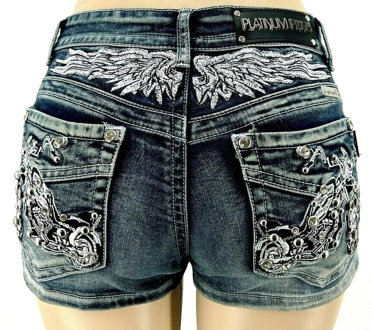 Women Rider Motorcycle Wing Rivet Embroidery Shorts Y2k Vintage Gothic Hot Girl Sexy Washed Denim Shorts Low Waist Mini Skirts PlatiNum