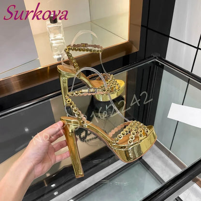Women'S Chunky Heel Waterproof Platform Sandals Rhinestones Ankle Strap Open Toe Party Evening Shoes Luxury Designer High Heels